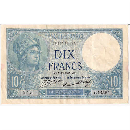 France 1927 10 Francs Note, Pick #73d, VF-EF (Hole)