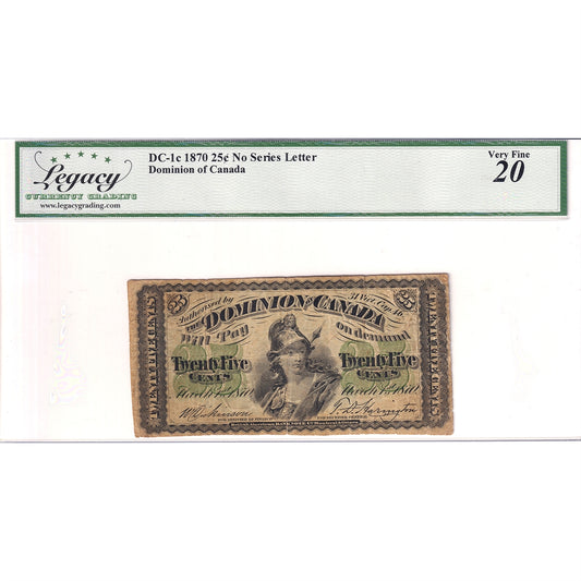 DC-1c 1870 Dominion 25-cent Shinplaster, Plain, Legacy Cert. VF20 (Small Edge Splits)