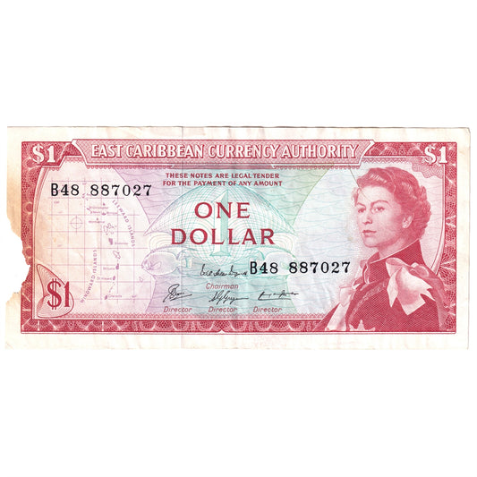East Caribbean States 1965 1 Dollar Note, Pick #13e, EF (Damaged)