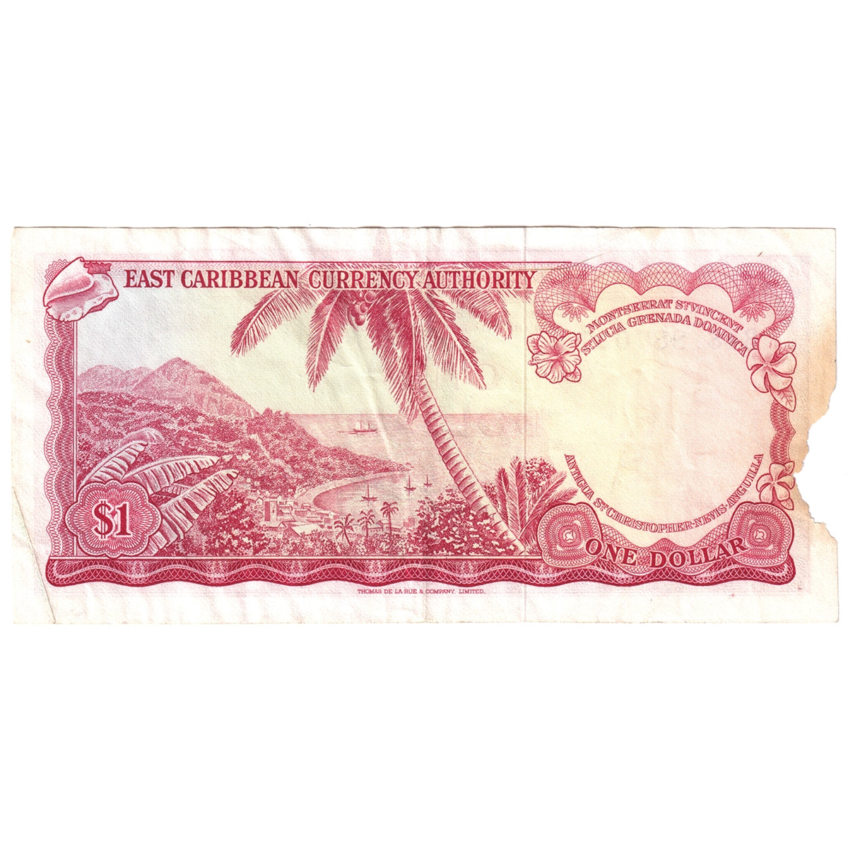 East Caribbean States 1965 1 Dollar Note, Pick #13e, EF (Damaged)