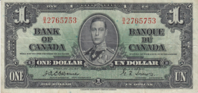 1937 $1 Canadian Banknotes - Portrait of King George VI
