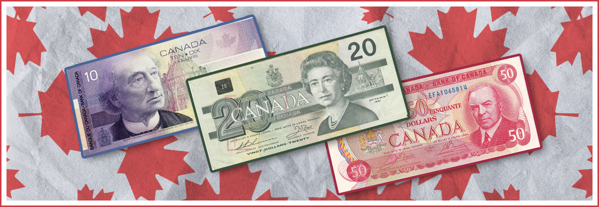 Canada Paper Money Featuring 10, 20 and 50 Dollar Notes